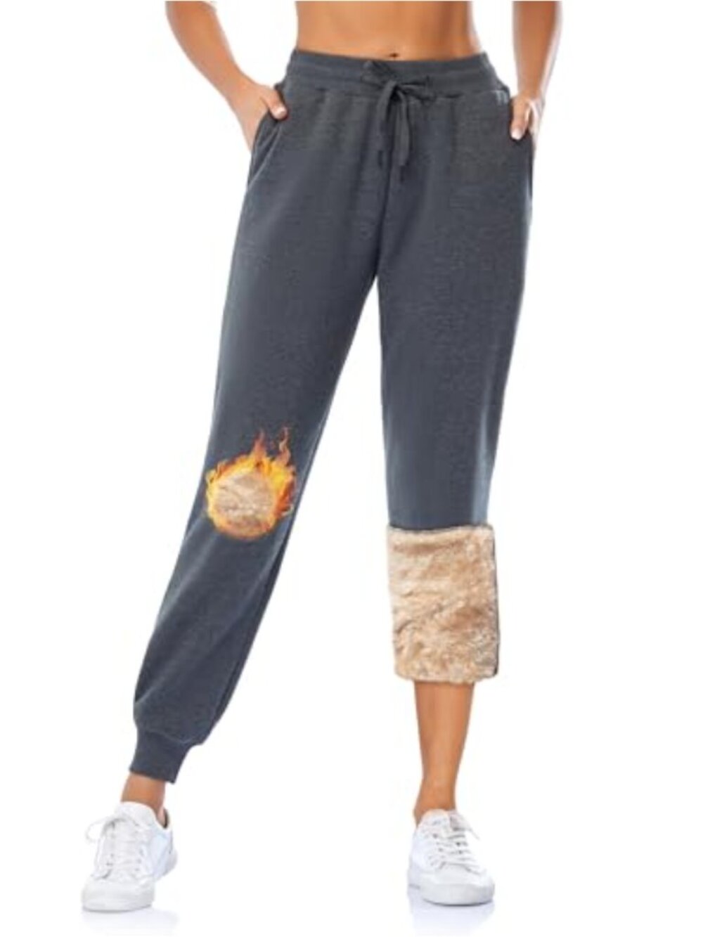 Women's Fleece Lined Joggers with Pockets, Cotton Spandex Blend, Tapered